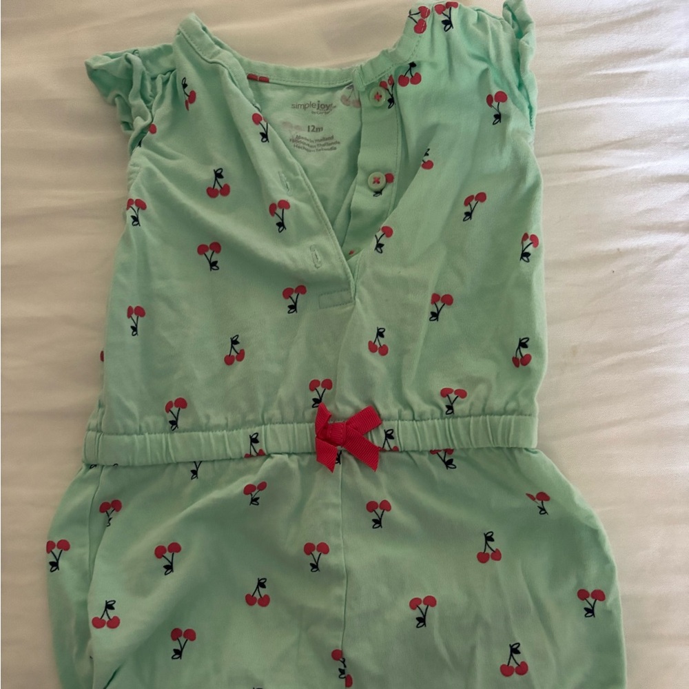 Carters Simple Joys Mint Green Romper with Cherry Print and Red Accents